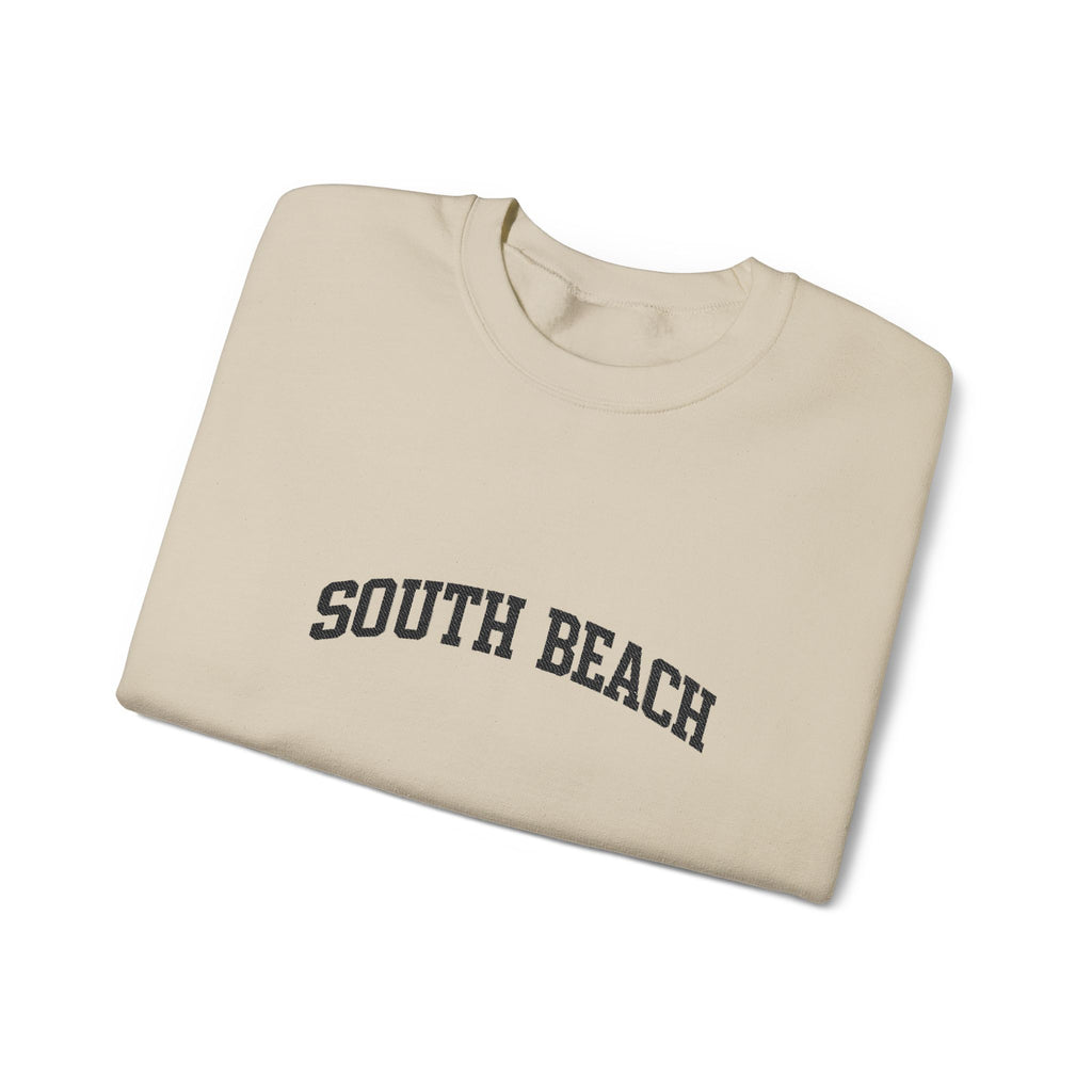 South Beach Crewneck Sweatshirt — Classic White Pullover with 'South Beach' Text