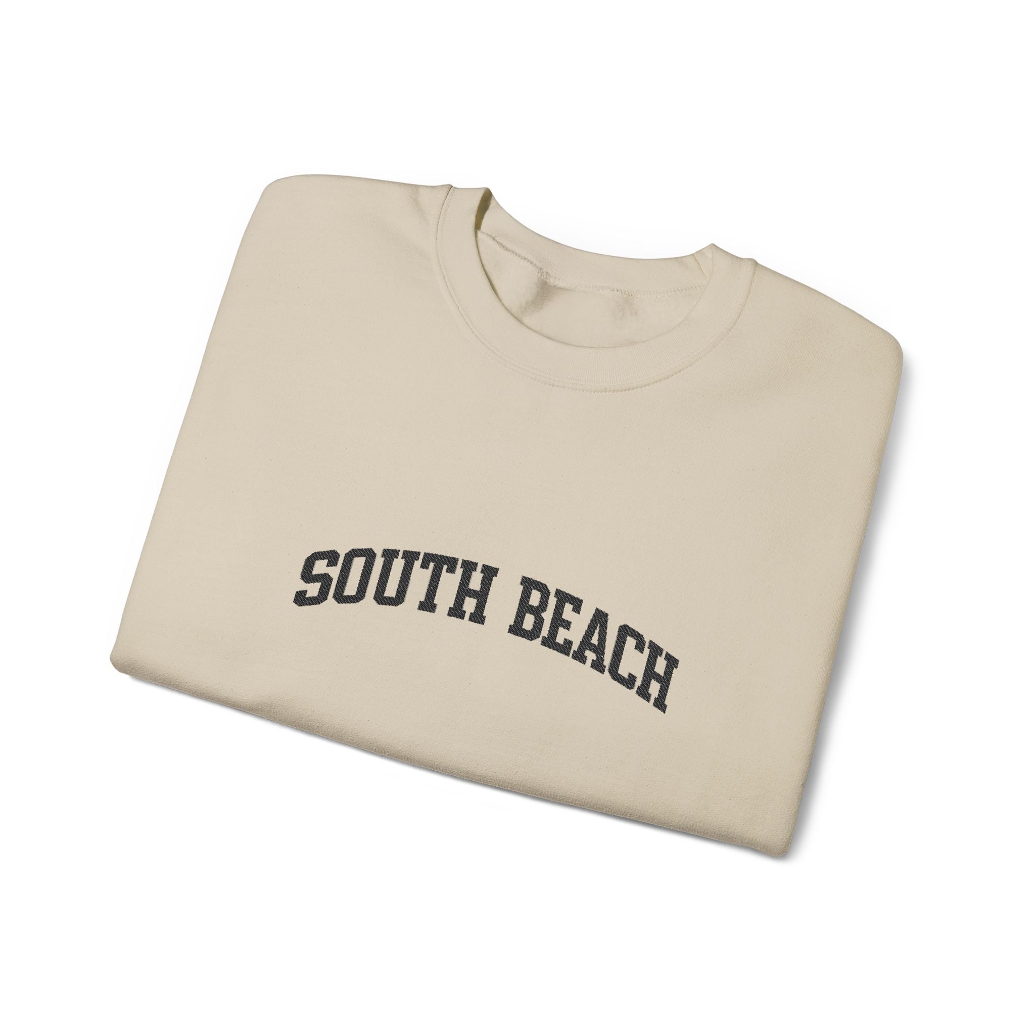 South Beach Crewneck Sweatshirt — Classic White Pullover with 'South Beach' Text