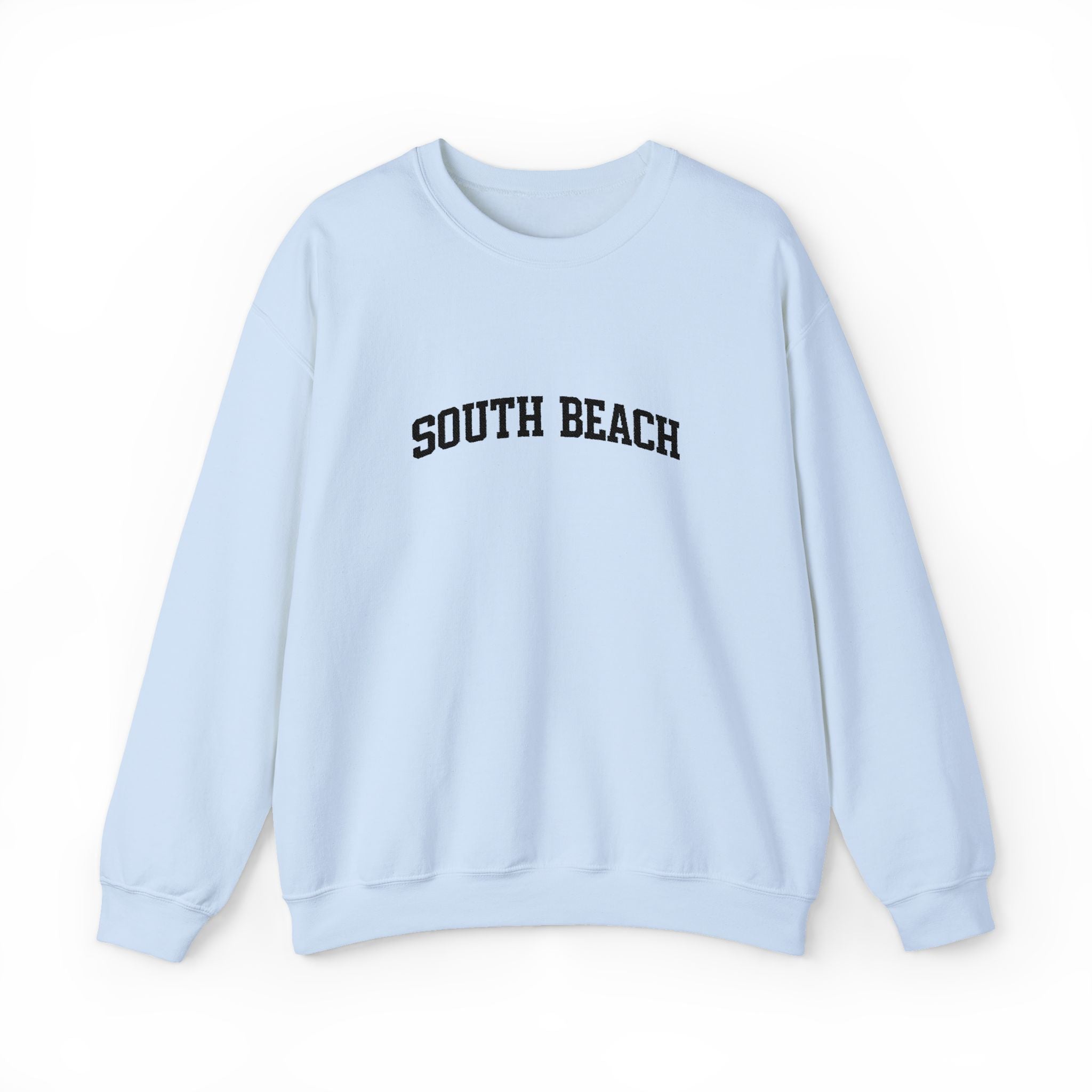 South Beach Crewneck Sweatshirt — Classic White Pullover with 'South Beach' Text