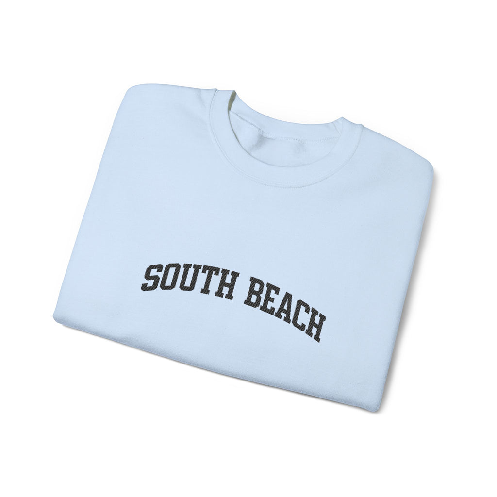 South Beach Crewneck Sweatshirt — Classic White Pullover with 'South Beach' Text