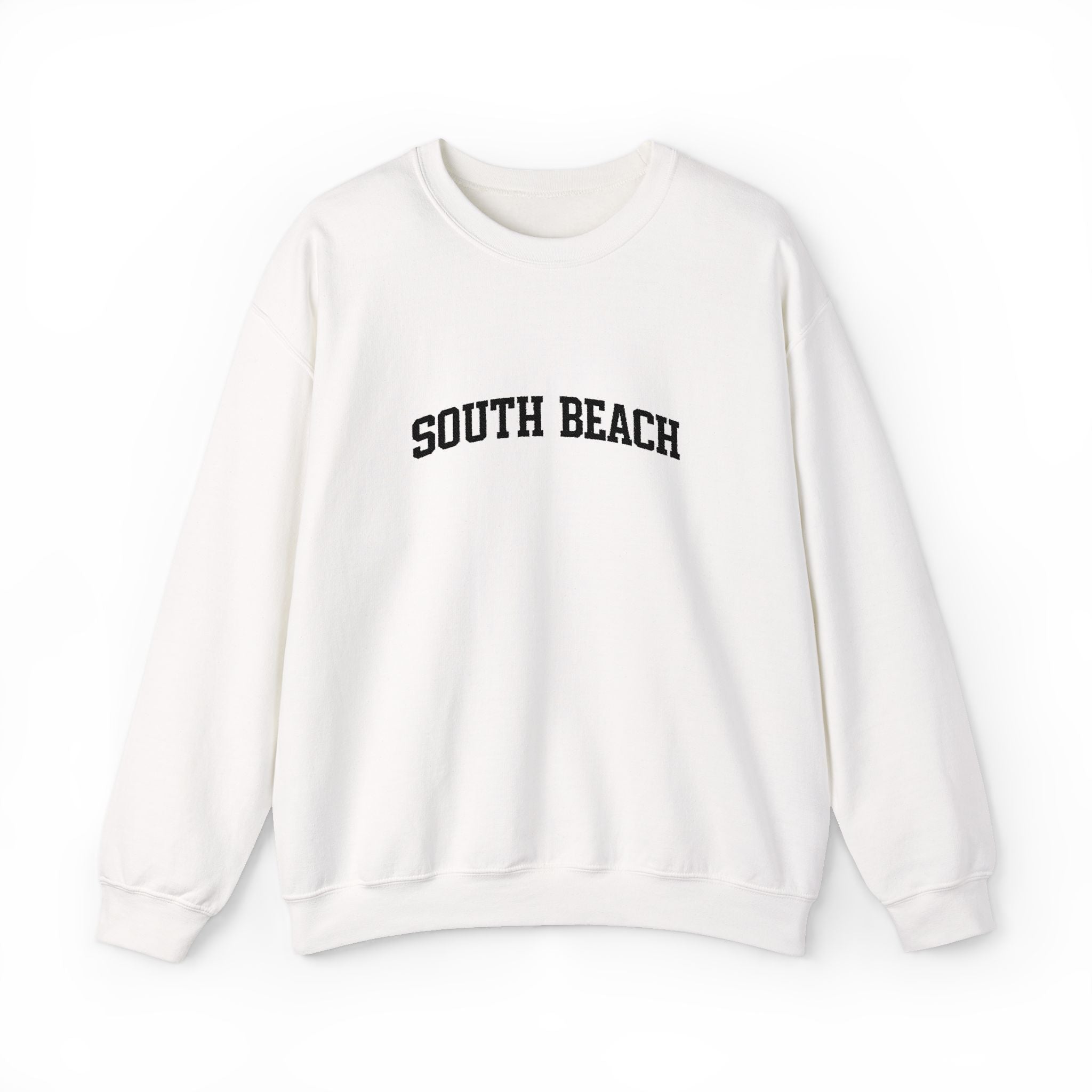 South Beach Crewneck Sweatshirt — Classic White Pullover with 'South Beach' Text