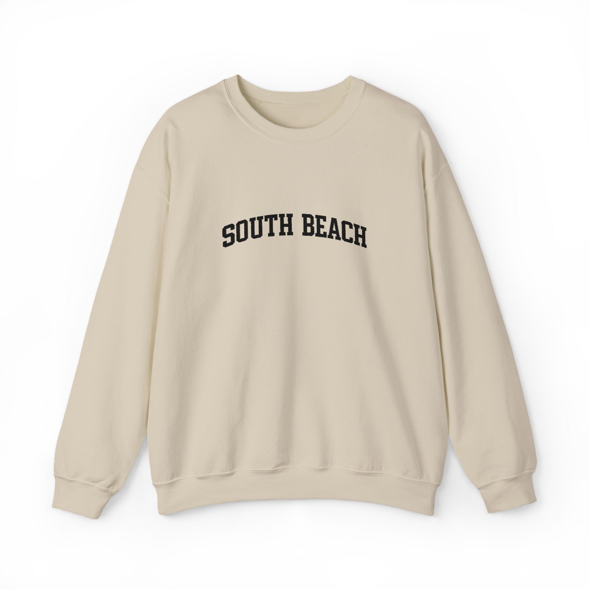 South Beach Crewneck Sweatshirt — Classic White Pullover with 'South Beach' Text