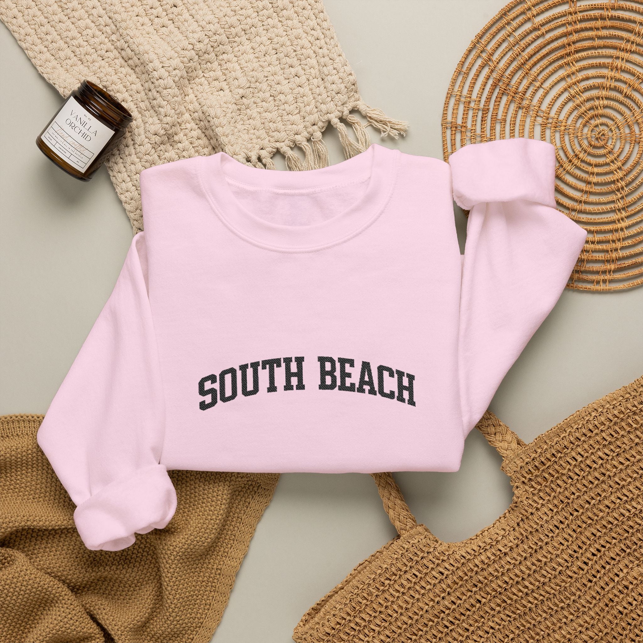 South Beach Crewneck Sweatshirt — Classic White Pullover with 'South Beach' Text