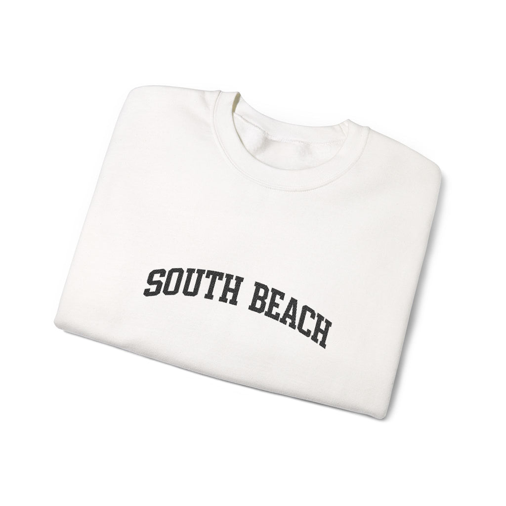 South Beach Crewneck Sweatshirt — Classic White Pullover with 'South Beach' Text